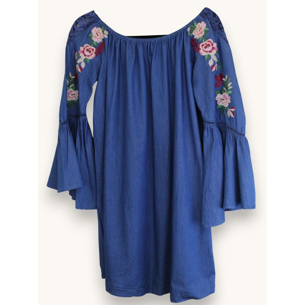 Umgee Blue Embroidered Off-Shoulder Bell Sleeve Fairy Cottage Boho Dress SM